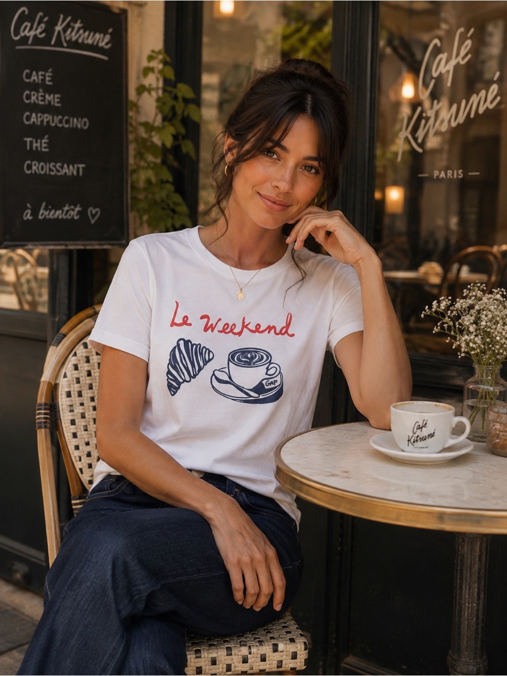 GAP White Tee with Red 'Le Weekend' Script and Navy Café Graphic